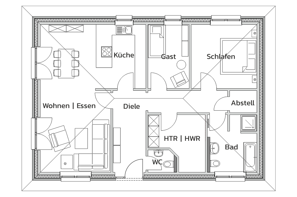 Bungalow Cottage - Grundriss - Ein großer, einladender Wohn-Essbereich mit offener Küche, ein schön gestaltetes Bad gleich vis-à-vis vom Schlafzimmer. Ein Gäste- oder Arbeitszimmer, ein Gäste-WC und der Haustechnikraum runden den Grundrissentwurf ab. Und nicht zu vergessen – ein praktischer Abstellraum ist auch noch vorhanden.